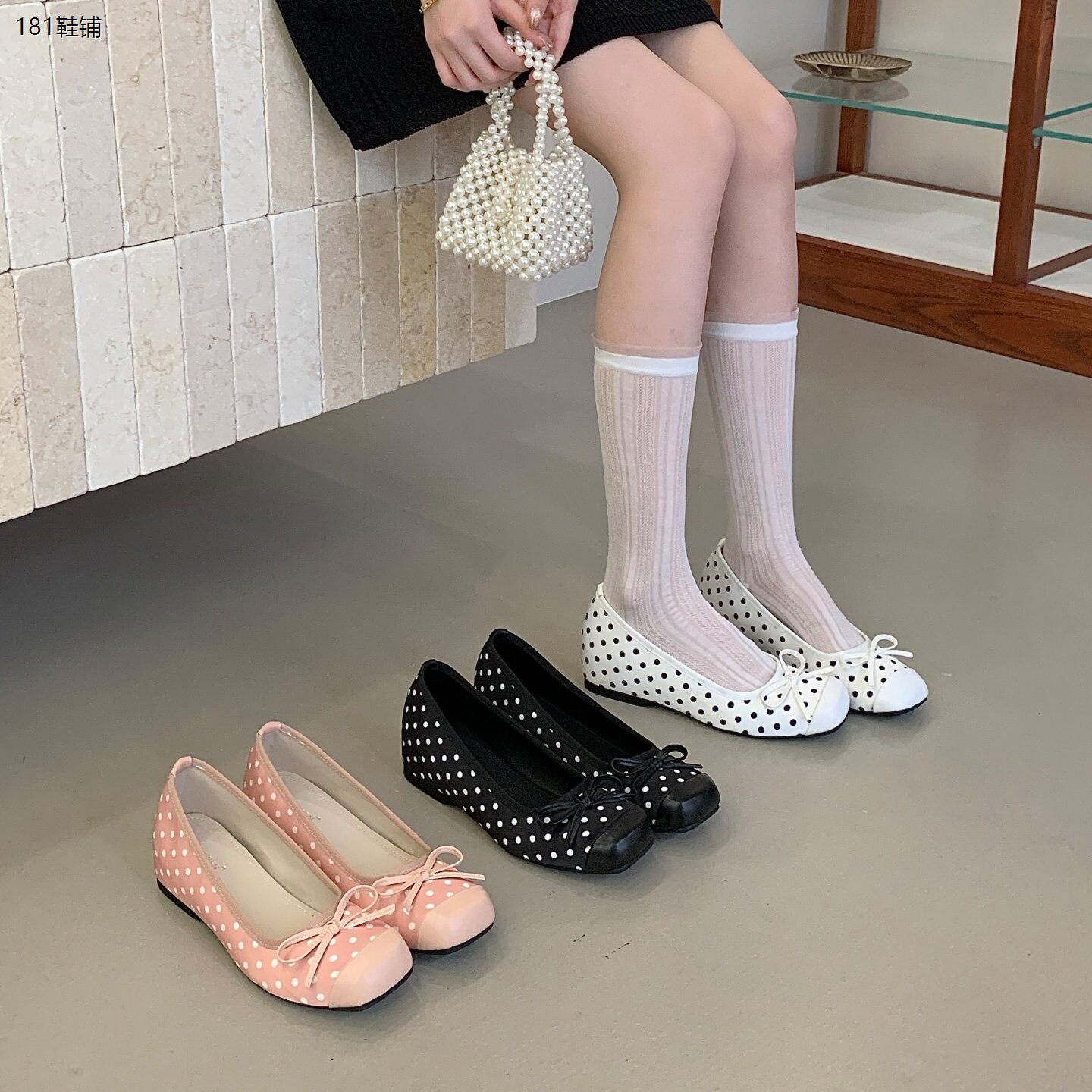 SHOE-REN韩版甜美风波点蝴蝶结芭蕾舞鞋女软底舒适内增高百搭单鞋