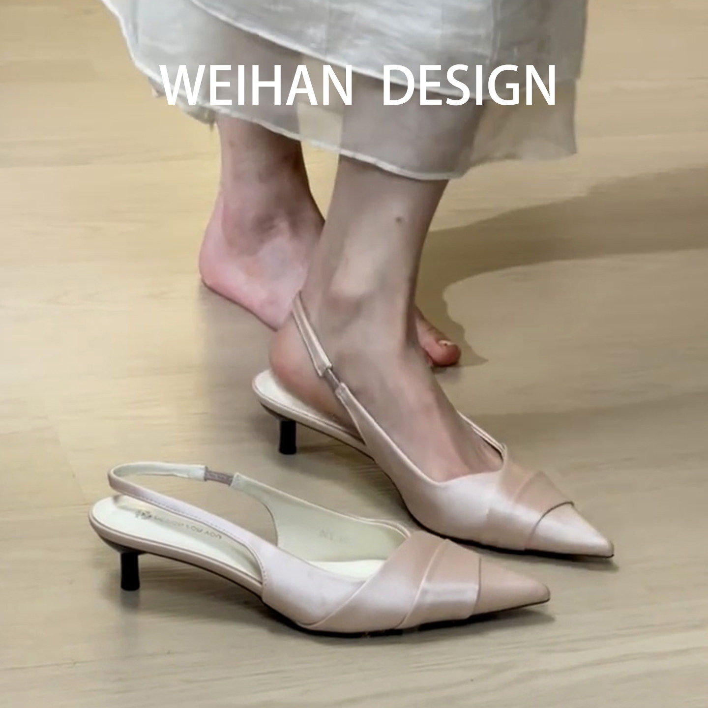 羊皮版！低跟高跟鞋包头凉鞋女夏细跟褶皱配裙子气质百搭尖头单鞋