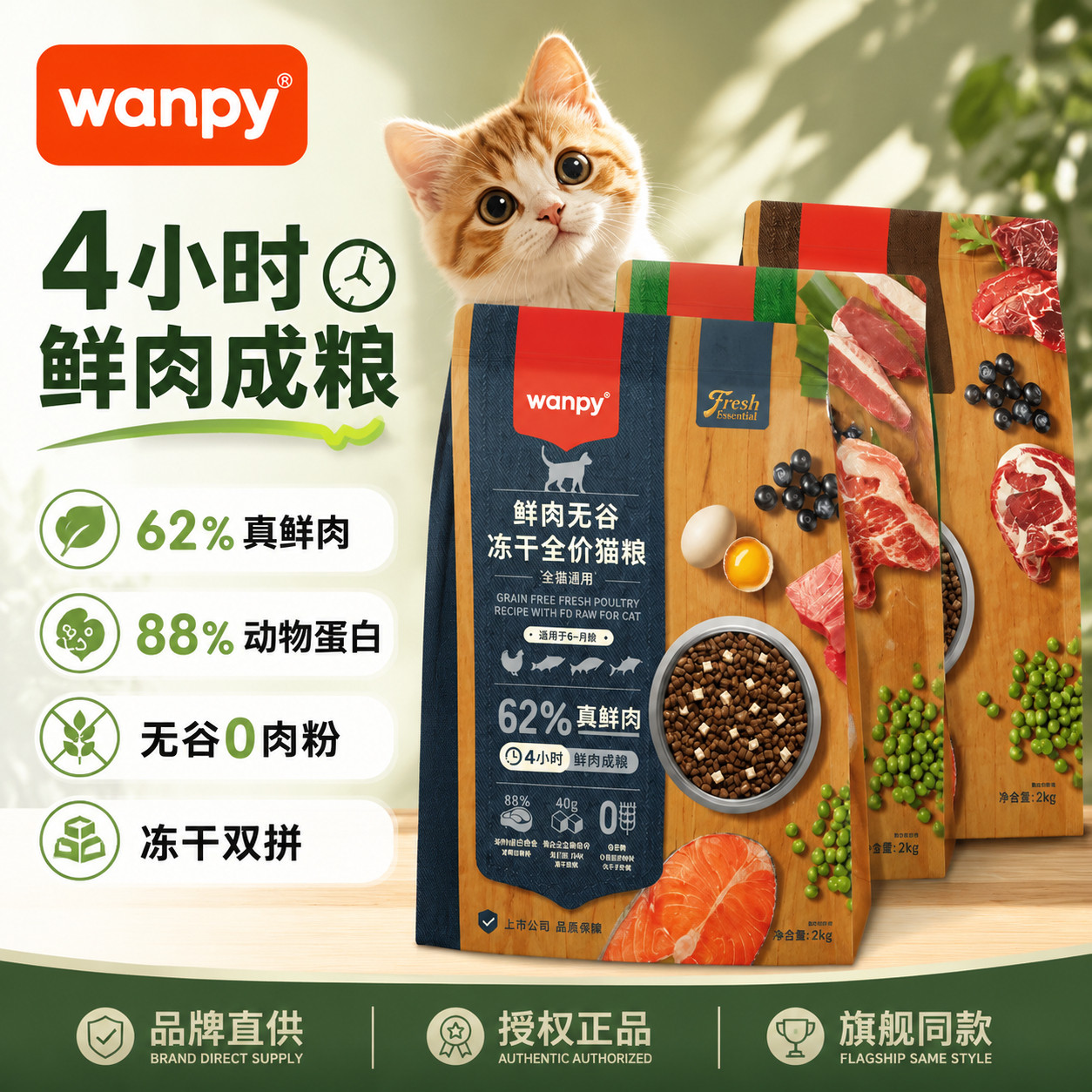 Wanpy顽皮鲜肉冻干猫主粮成幼猫英短美短无谷鸡肉鱼肉宠物猫主粮