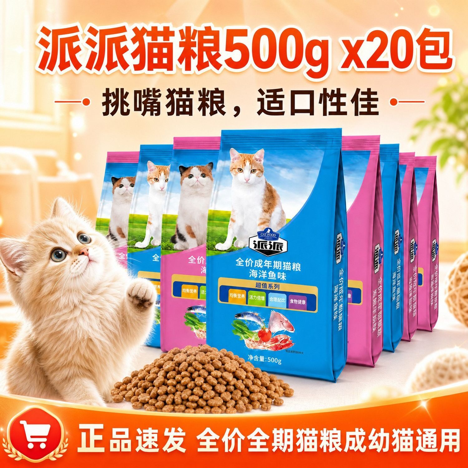 派派海鲜鱼味牛肉味全价成年期猫粮适口幼猫成猫500g