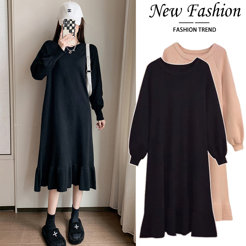 출산복 가을 겨울 니트 드레스 2024 신춘 대형 여성용 중간 길이 무릎 위 스커트 스커트 봄 착용