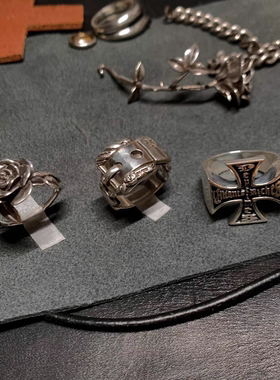 AQUADENIDA ERD风格重工做旧玫瑰十字造型戒指复古925银小众指环