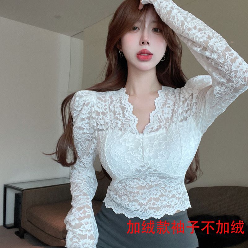 洋气钩花内搭蕾丝印花打底衫女