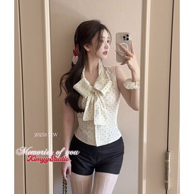 蝴蝶结波点无袖雪纺衬衫