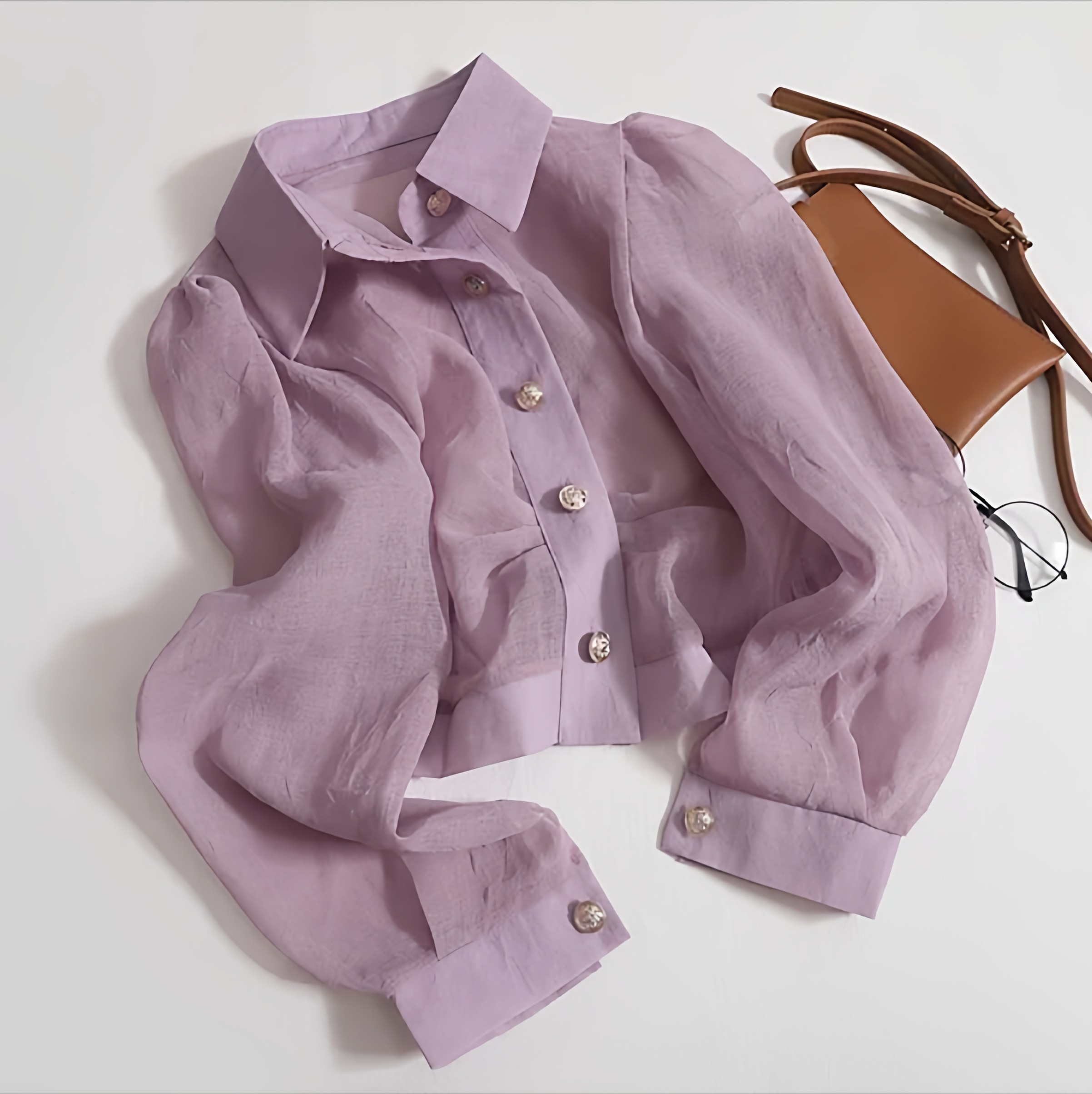 2025早秋薄款温柔知性简约通勤透视防晒长袖衬衫女时尚减龄短上衣