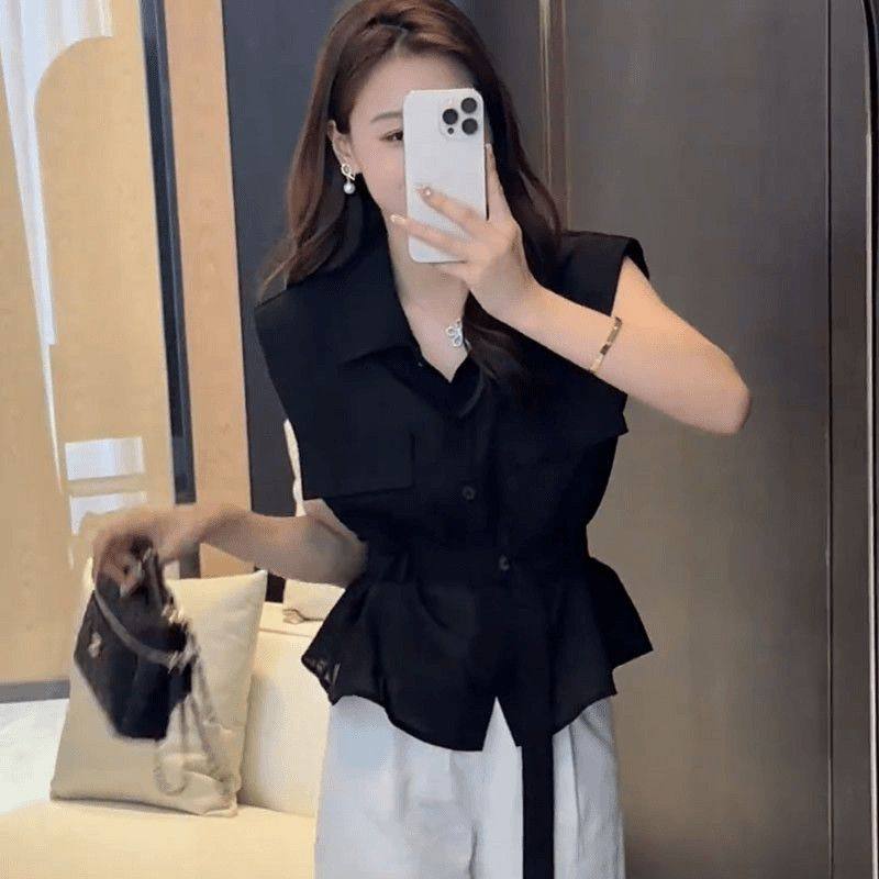 新款时尚收腰坎肩袖设计纯色小衫女夏季新款洋气显瘦气质无袖衬衫,女装/女士精品,衬衫,淘宝优惠券,粉丝福利购,淘宝优惠卷