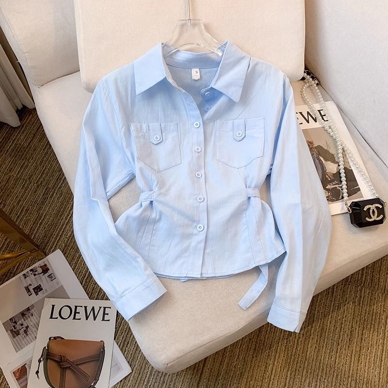 通勤知性收腰绑带修身纯棉衬衫女