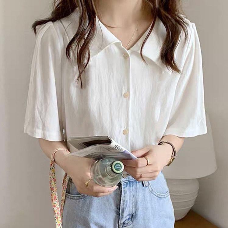 白色衬衫女短袖设计感小众衬衣2025新款复古港味法式v领气质上衣