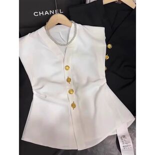 开叉衬衫 高级感小香风收腰褶皱V领飞袖 别致无袖 气质时尚 马甲夏季