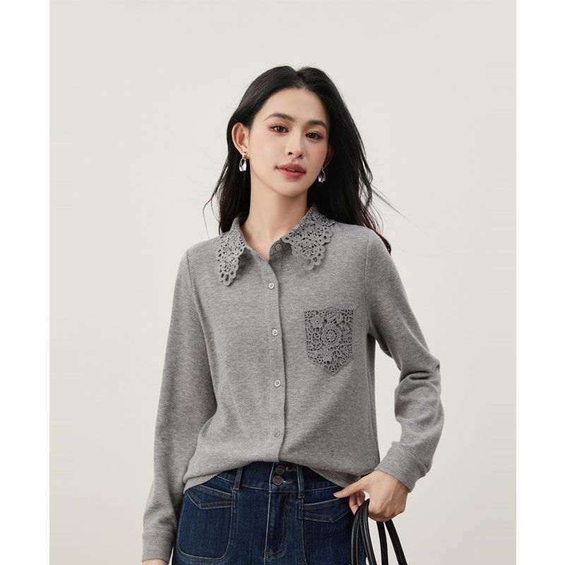 秋冬季花边小衫法式气质艺术感镂空钩花蕾丝拼接翻领德绒衬衣女