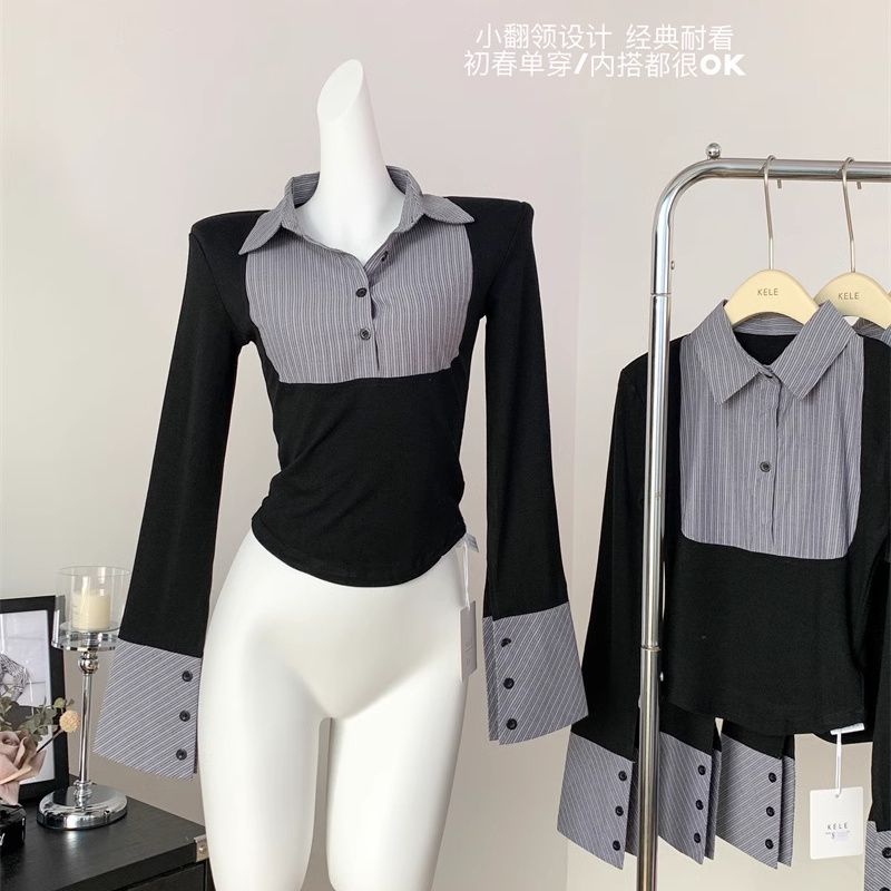 美式辣妹假两件长袖t恤2025新款女秋季显瘦设计感内搭短款上衣女