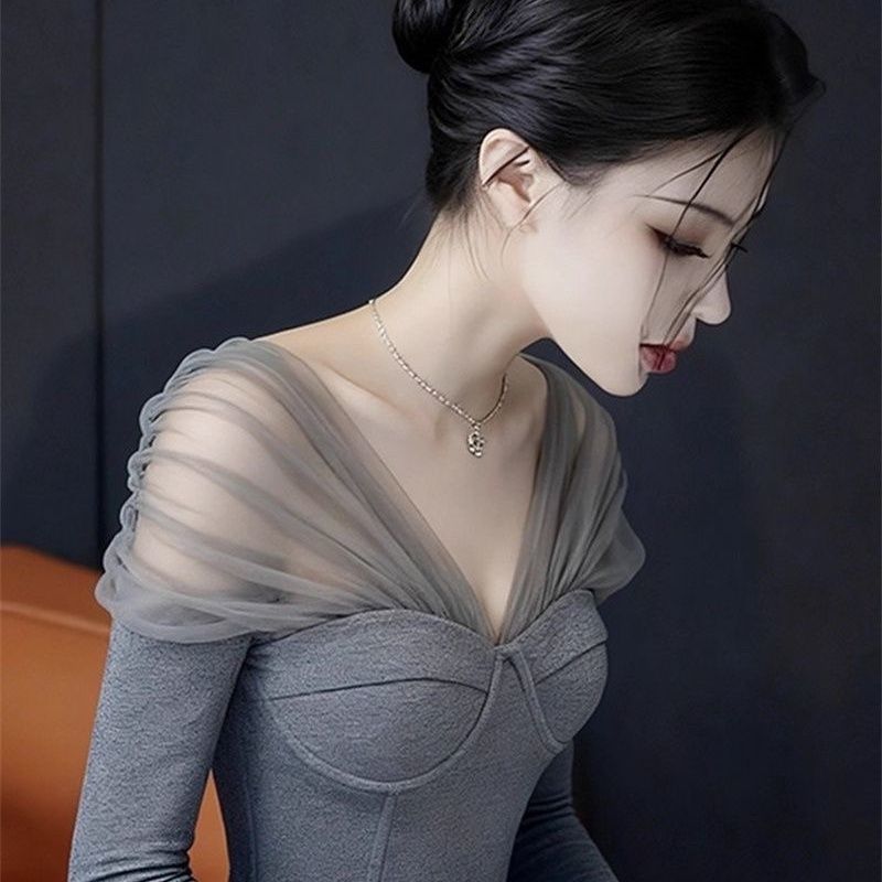 网纱拼接长袖t恤内搭修身上衣女