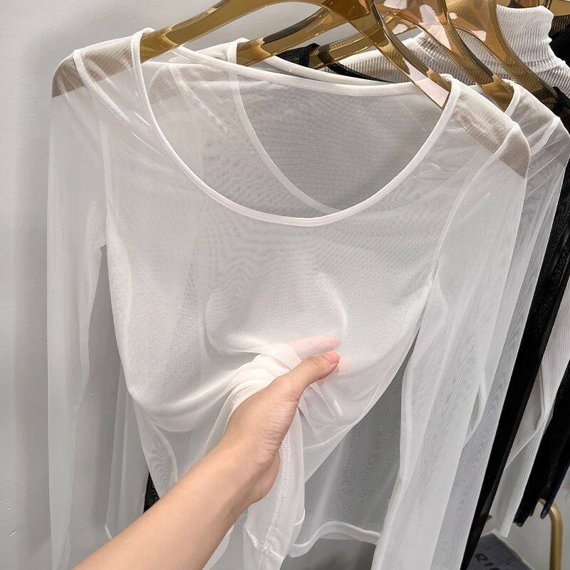 低领网纱打底衫女内搭透明薄纱白色沙体防晒t恤纱衣黑色蕾丝上衣