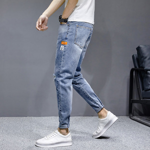 2021春季男士牛仔裤韩版修身小脚破洞九分裤百搭裤男裤子图片