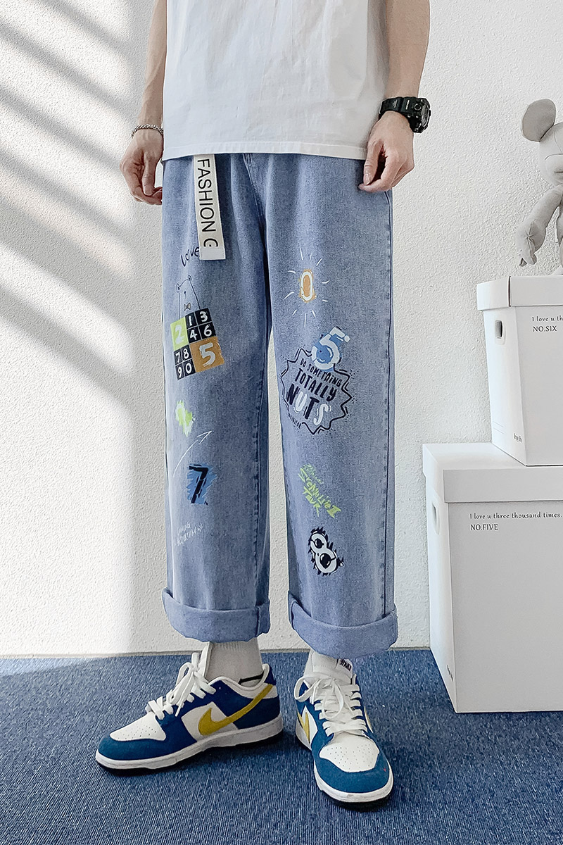 2021春季新品牛仔裤男嘻哈印花宽松潮流牛仔裤男,男装牛仔裤,星座1006