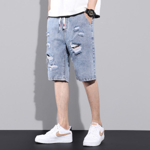 夏季新款男士破洞牛仔短裤潮大码休闲五分裤直筒中裤子D20-P29图片
