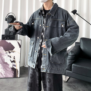 2021港风立体口袋男士牛仔外套宽松日系水洗复古牛仔衣图片