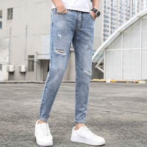 2021春季男士牛仔裤韩版修身小脚破洞九分裤百搭裤男裤子K887-P42图片