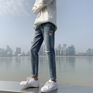 2021春季男士牛仔裤韩版修身小脚破洞九分裤百搭裤男裤子图片