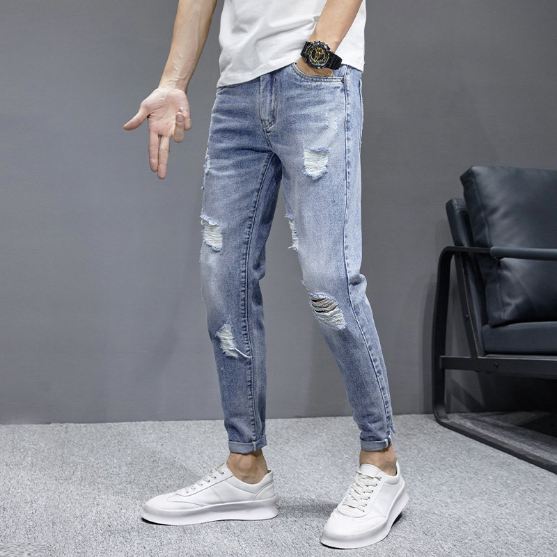 2021新款夏装破洞牛仔裤潮男九分裤韩版休闲乞丐裤子男,男装牛仔裤,星座1006