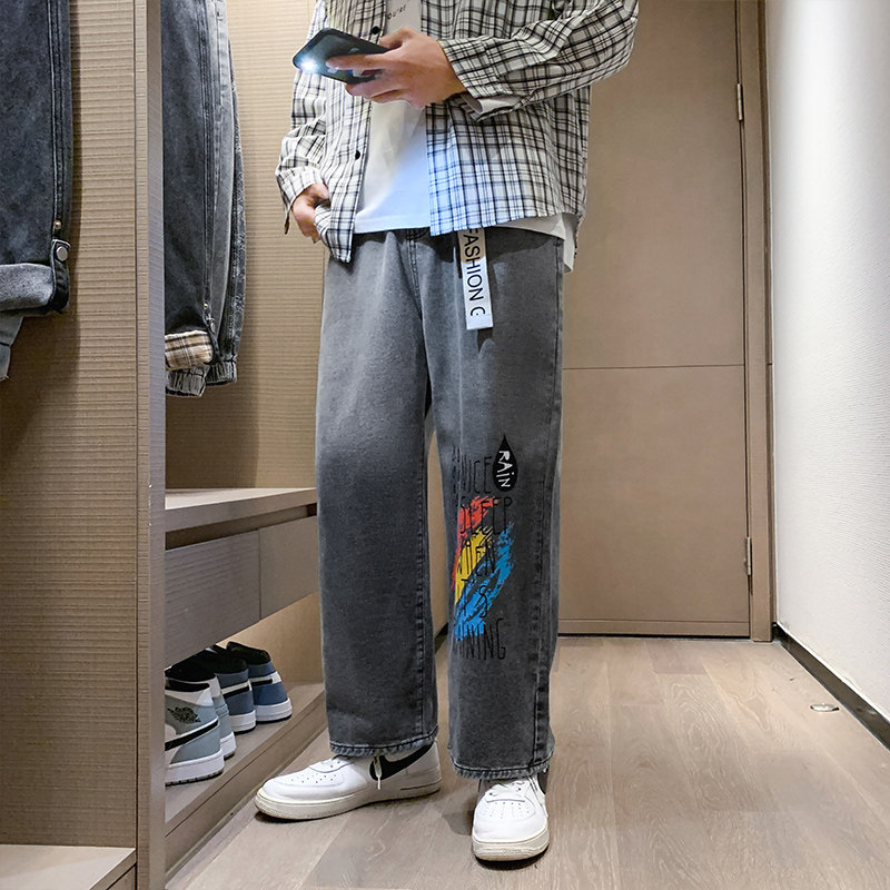 21秋季高品质男牛仔裤彩虹字母印花宽松直筒渐变裤,男装牛仔裤,星座1006