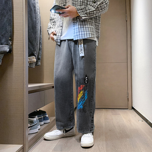 21秋季高品质男牛仔裤彩虹字母印花宽松直筒渐变裤