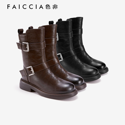色非厚底小个子增高中筒靴女2025年冬季新款皮带扣圆头擦色骑士靴