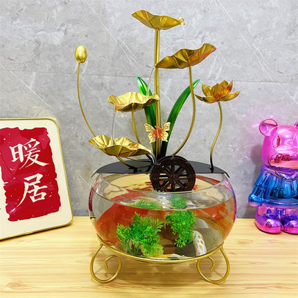 圆形玻璃鱼缸客厅小型桌面循环流水荷花摆件乌龟小鱼装饰造景创意