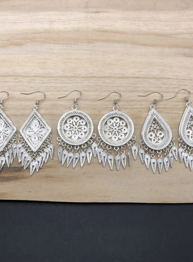 民族风手工苗银刺绣耳环DIY底托空托银白镶嵌老绣传统掐花丝耳坠