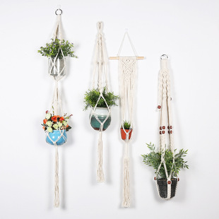 波西米亚风格4件套手工棉绳编织吊篮绿植花盆收纳吊篮网兜墙饰