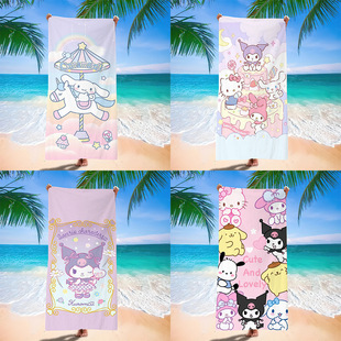 三丽鸥沙滩巾儿童卡通图案kitty猫印花浴巾海边超细纤维游泳速干