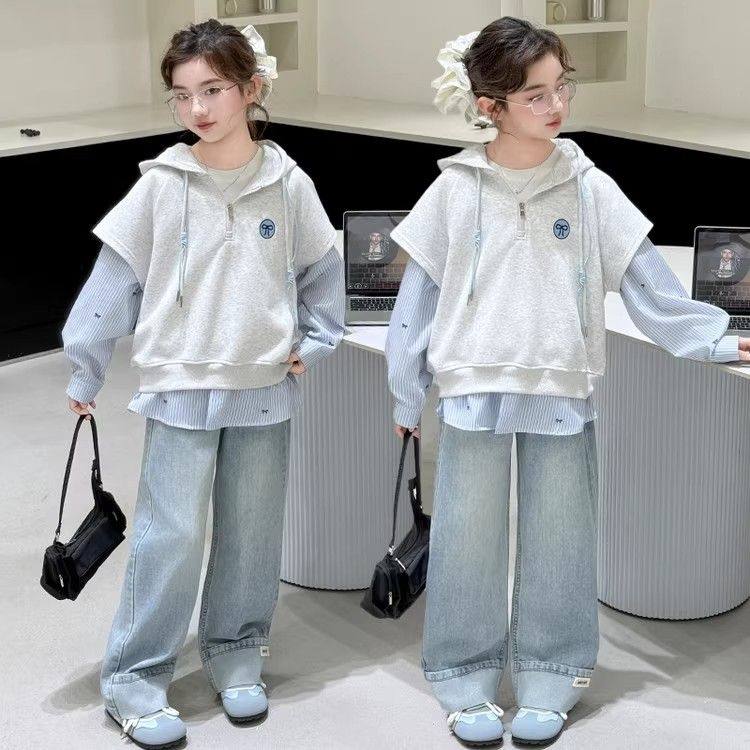 女童2025新款春季韩版假两件卫衣中大童洋气时髦外穿学院风上衣潮