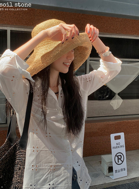 soil stone 盛夏胶囊 纯棉本白色镂空刺绣尖领收腰休闲衬衫 女