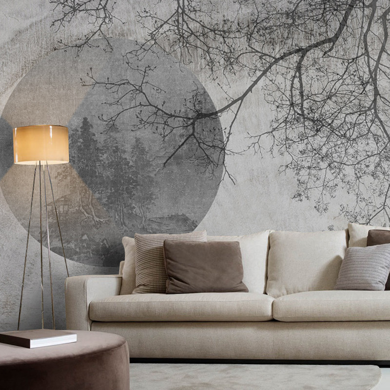 艺速 古风树枝月亮客厅沙发背景墙纸新中式书房客厅卧室壁画 对月