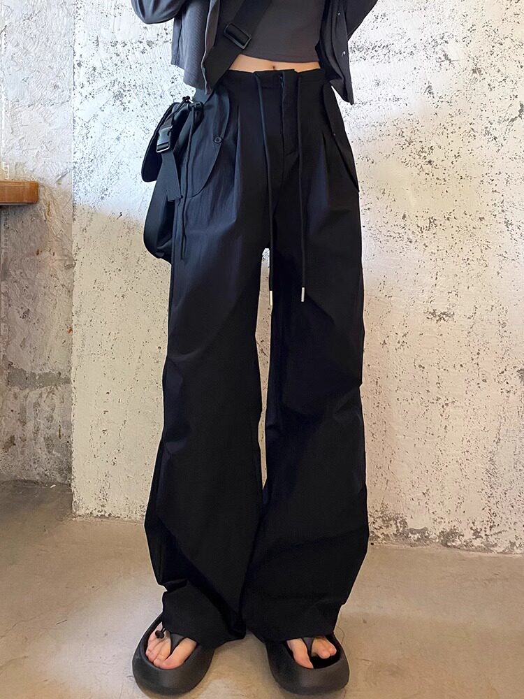 ROUJE DAMAS 블랙 캐주얼 다목적 와이드 레그 오버올 여성용 하이 웨이스트 슬림 드레이프 스포츠 바지 롱 팬츠