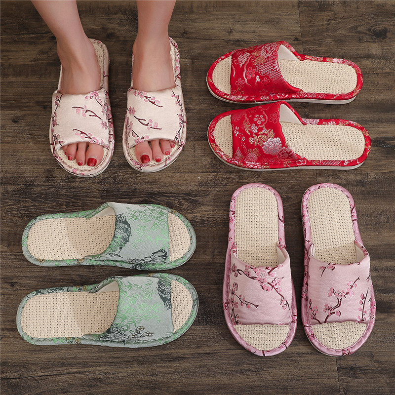 新款静音国风款家居地板地砖防滑橡胶底女拖鞋春夏秋冬四季亚麻棉