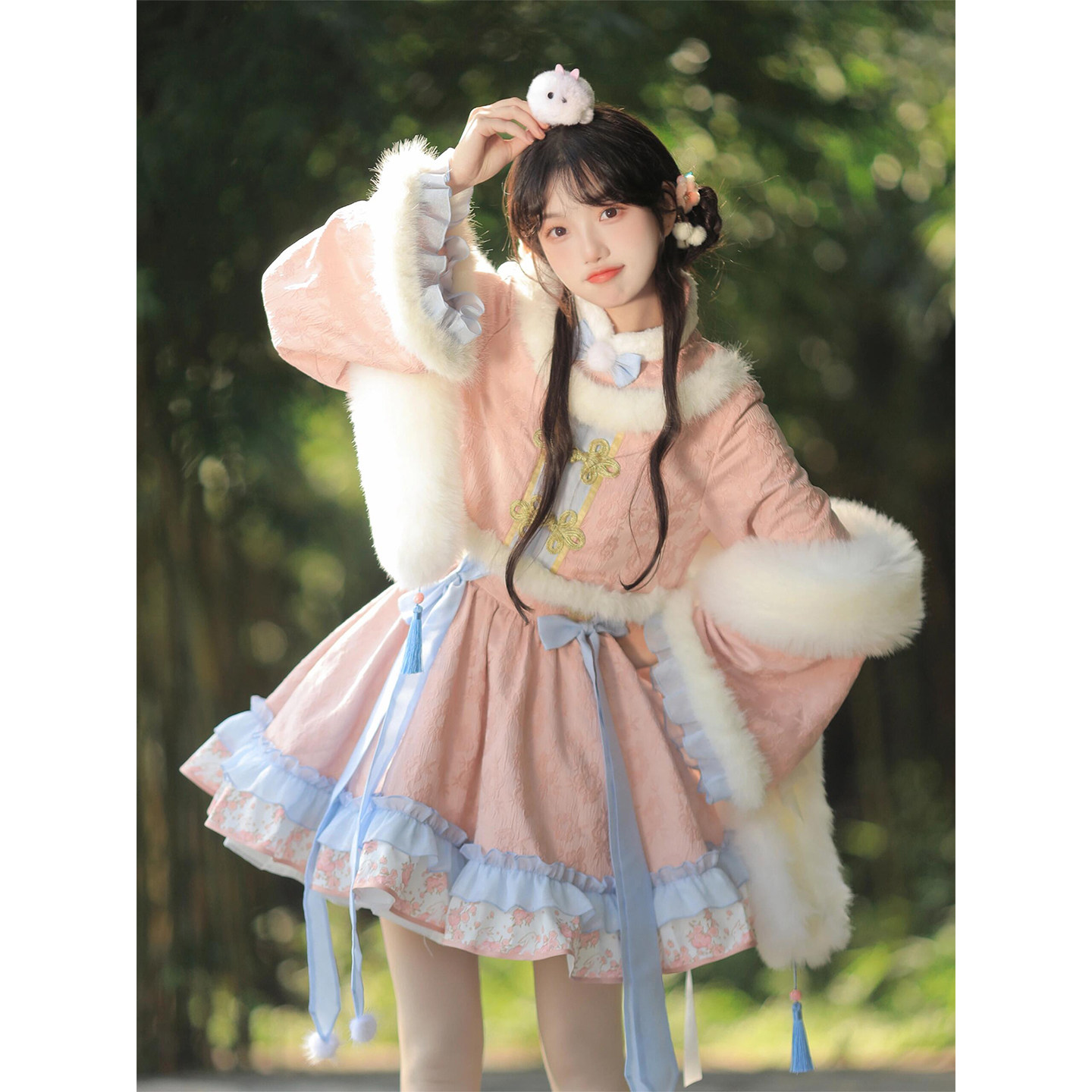 粉色新中式Lolita披肩连衣裙