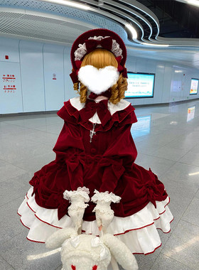 秋冬款酒红色丝绒连衣裙Lolita