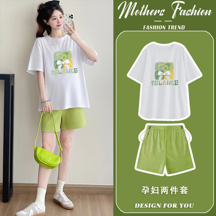 孕妇绿色套装夏季2025新款时尚潮妈小清新薄款短袖上衣短裤两件套