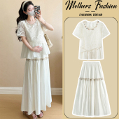 2026新款 薄款 波西米亚风上衣半身裙两件套 夏季 孕妇连衣裙白色套装