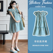 宽松小个子孕妈中长款 孕妇连衣裙2026新款 蓝色格子飞飞袖 薄款 夏季