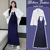 韩版 孕妇连衣裙套装 薄款 夏季 藏青色挂脖长裙防晒衣两件套 2026新款