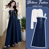 藏青色潮妈吊带裙针织开衫 孕妇连衣裙套装 2026新款 薄款 两件套 夏季