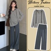 上衣裤 孕妇套装 连帽黑白条纹长袖 宽松时尚 子两件套女 春秋2026新款