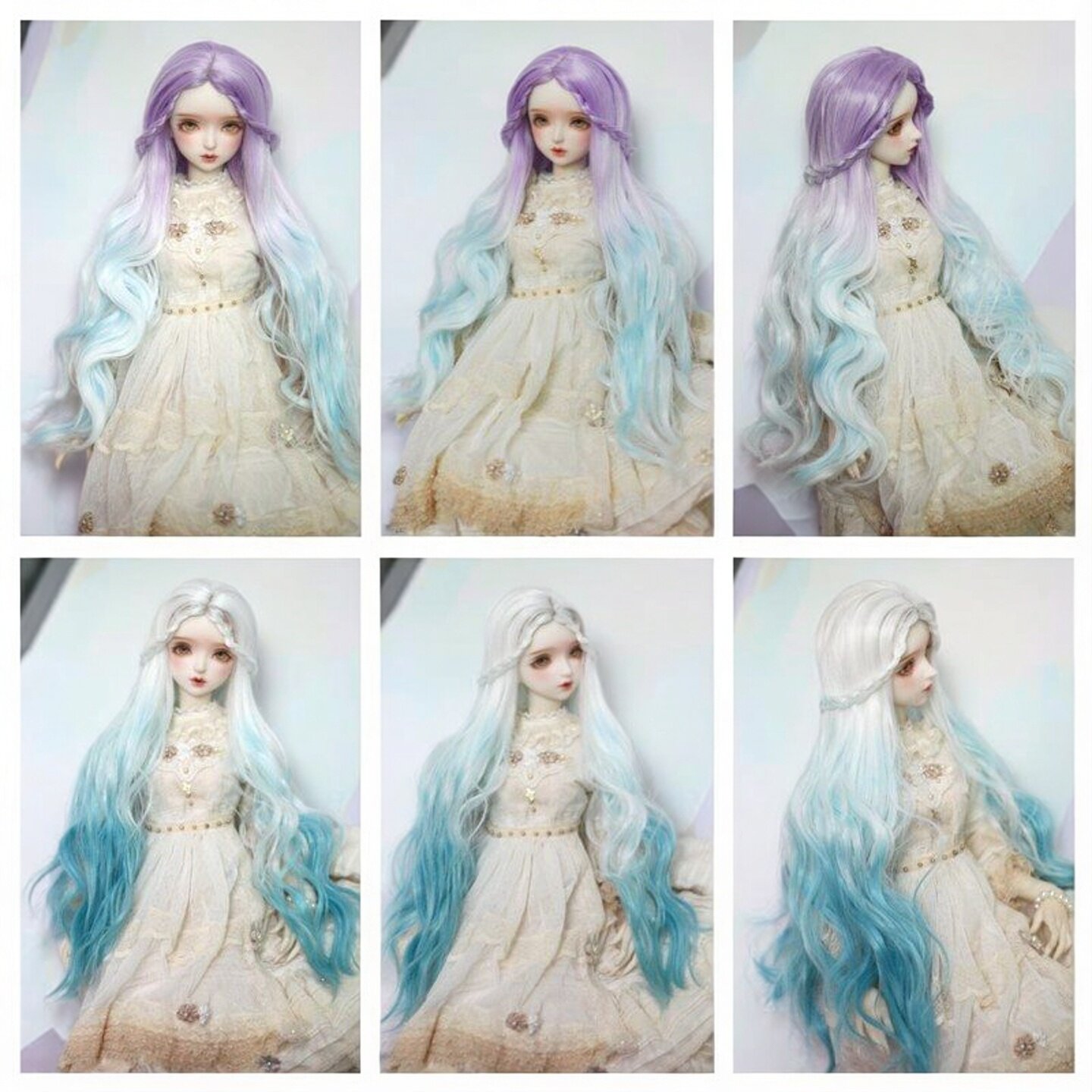 BJD/SD娃娃渐变白蓝紫娃用假发女346分关节人偶仙女假毛假发发套