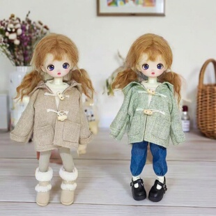 bjd6分毛呢牛角扣大衣外套学院风毛呢格子内衬上衣30cm胖体娃衣服