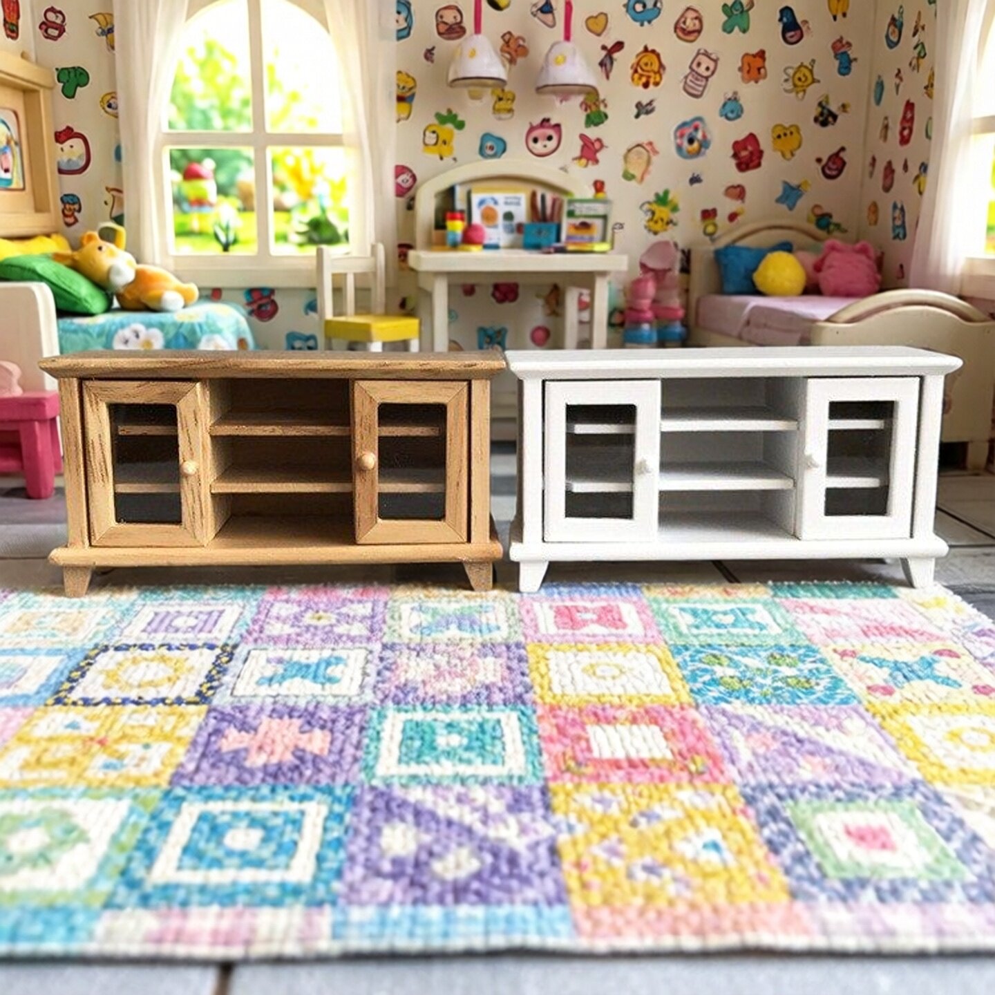 1:12娃娃屋dollhouse小屋迷你家具diy双开门储存电视柜模型摆件