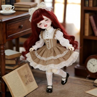 雾岛BJD/SD娃娃假发6分甜美毛发妹妹齐刘海酒红长卷发柔软丝头套