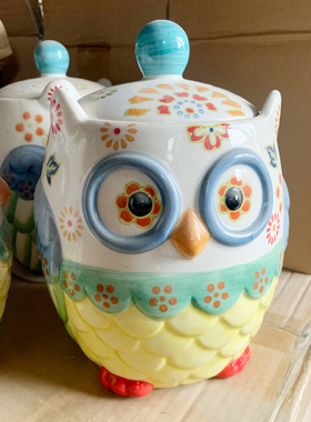 客厅装饰卡通猫头鹰储物罐摆件欧式陶瓷密封罐美式糖果罐收纳罐