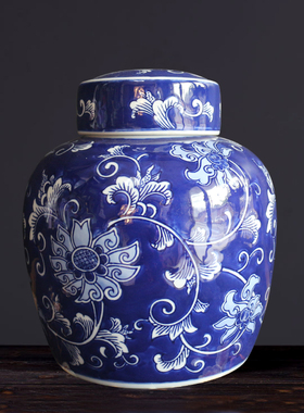 景德镇陶瓷蓝底仿古风储物罐花瓶